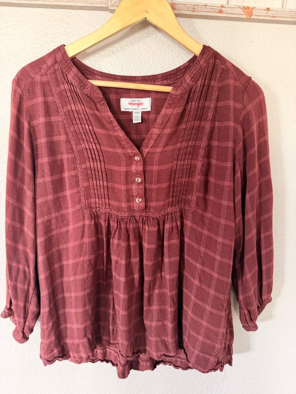 Wrangler Rosewood Plaid Pintuck Peasant Tunic